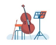 アコースティック楽器。チェロを弾くことを学ぶ。譜面台と椅子。オーケストラ演奏。ジャズバンド。ミュージシャンコンサート。チェロと弓.チェロ奏者教育。ベクター画像の概念 - チェロ点のイラスト素材／クリップアート素材／マンガ素材／アイコン素材