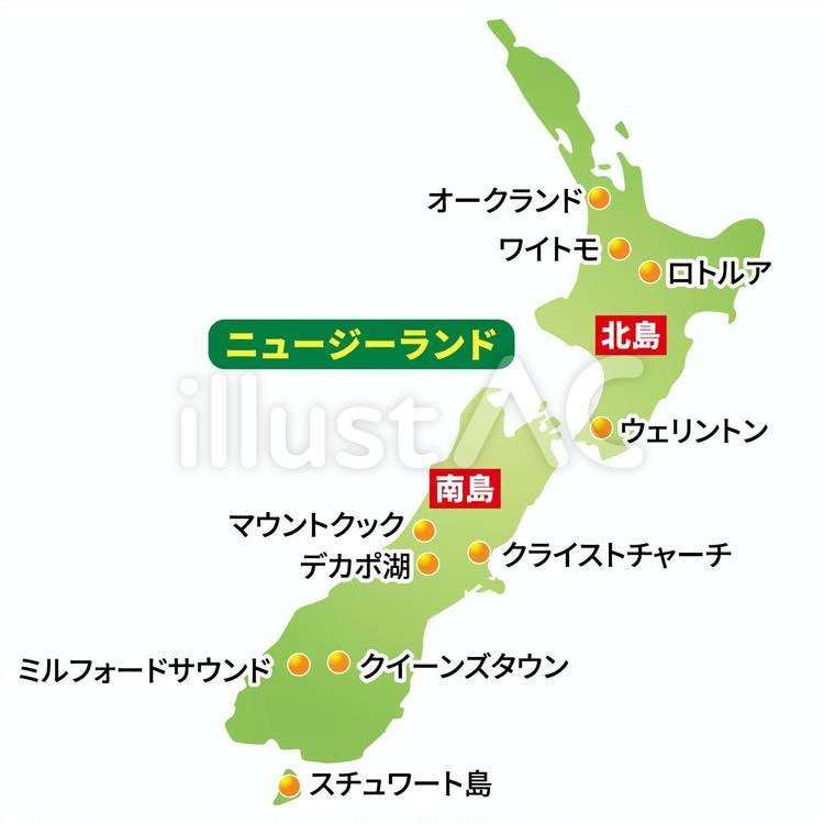 ニュージーランド地図 北島,スチュワート島,クィーンズタウンのイラスト素材